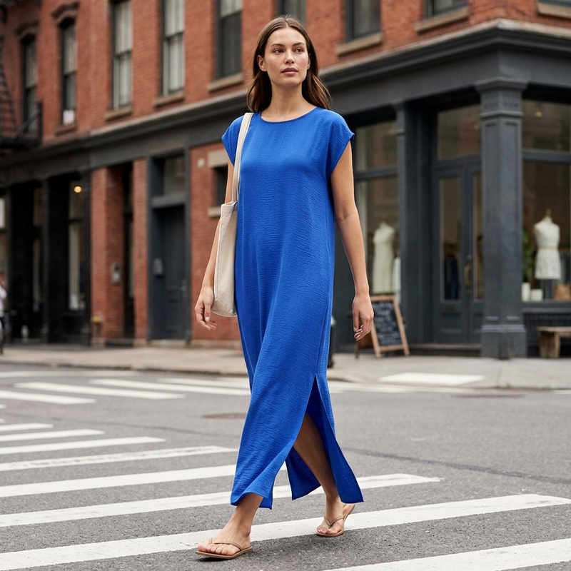 Moda femminile: abito midi donna con spacco laterale, vestibilità rilassata, in micro-crepe, perfetto per la primavera.