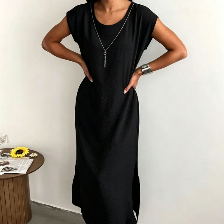 Abito casual midi donna primavera estate, in micro-crepe morbido, con spacco laterale per un look fresco e chic.