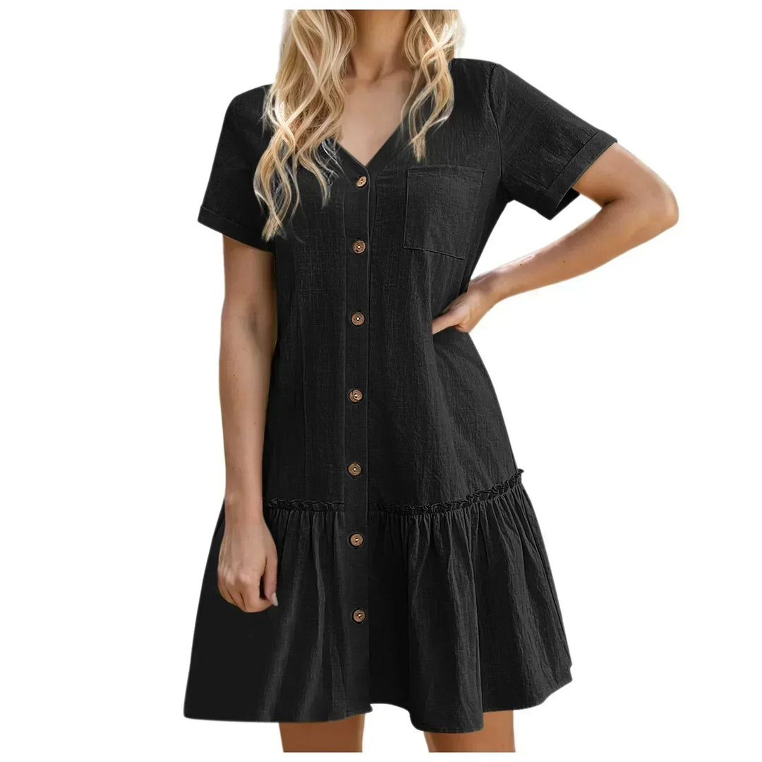 Abito donna estivo leggero, corto, in lino cotone, con bottoni, ideale per vacanze.