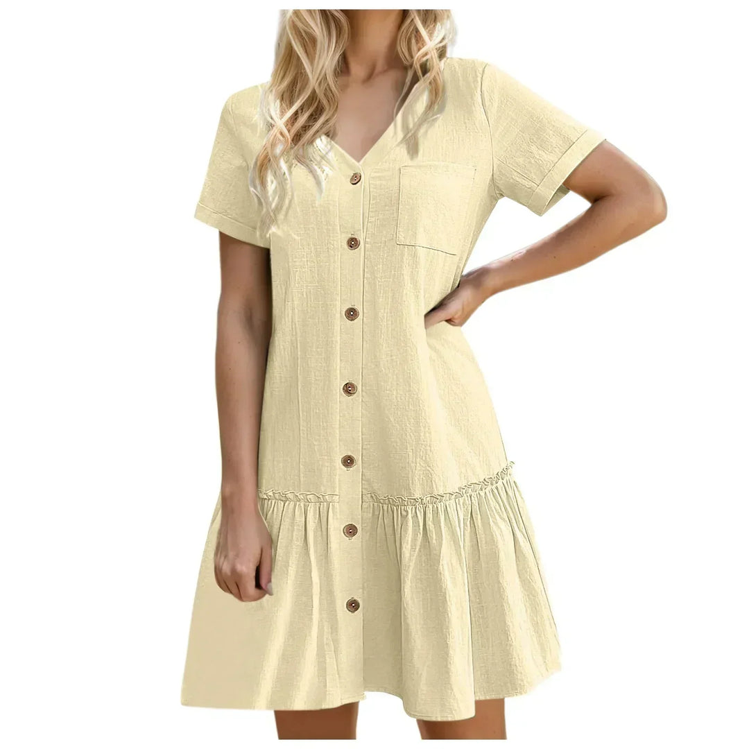 Abito corto estivo donna, in cotone lino, con bottoni, fresco e casual per tutti i giorni.