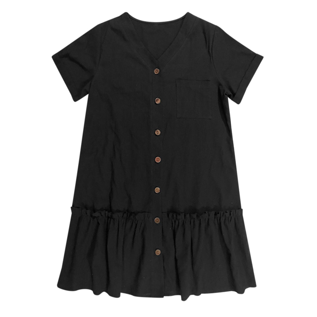 Abito corto donna in lino e cotone, estivo e traspirante, con bottoni, look fresco.
