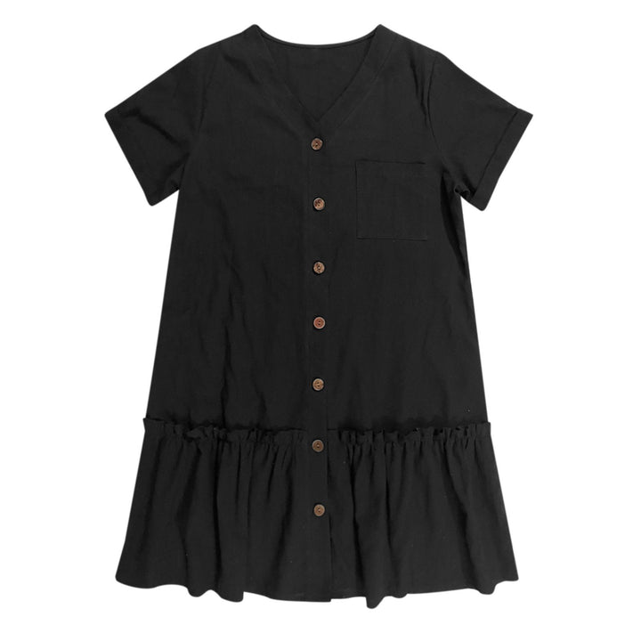 Abito corto donna in lino e cotone, estivo e traspirante, con bottoni, look fresco.