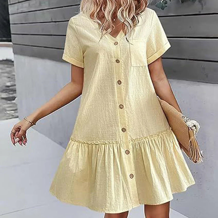 Vestito corto donna in cotone lino, estivo, fresco e alla moda, con bottoni.