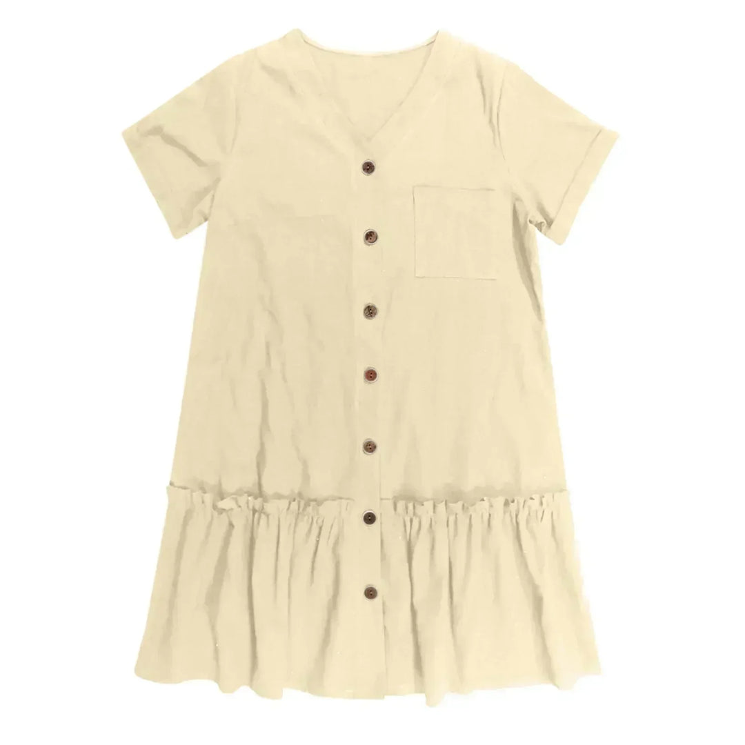 Abito corto estivo donna, fresco e casual-chic, con bottoni, in cotone lino.