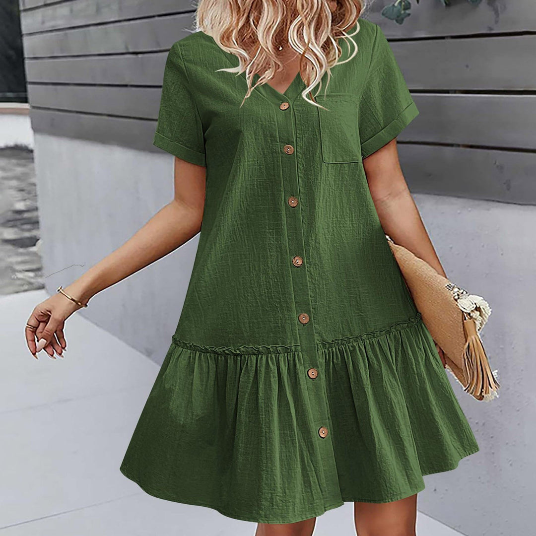 Vestito estivo corto donna, in cotone lino traspirante, con bottoni, fresco e alla moda.