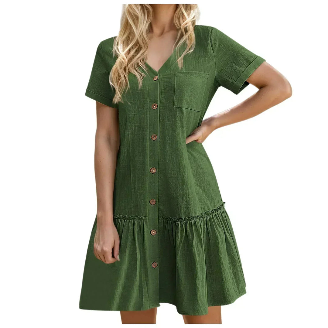 Abito corto donna in cotone lino, estivo, fresco, con volant e bottoni, stile casual.