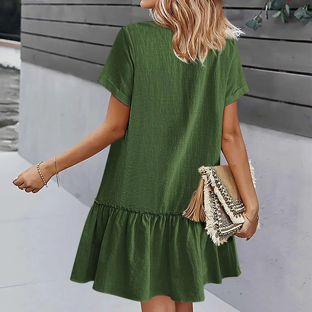 Abito donna estivo con bottoni, in cotone lino fresco, corto, ideale per un look casual.
