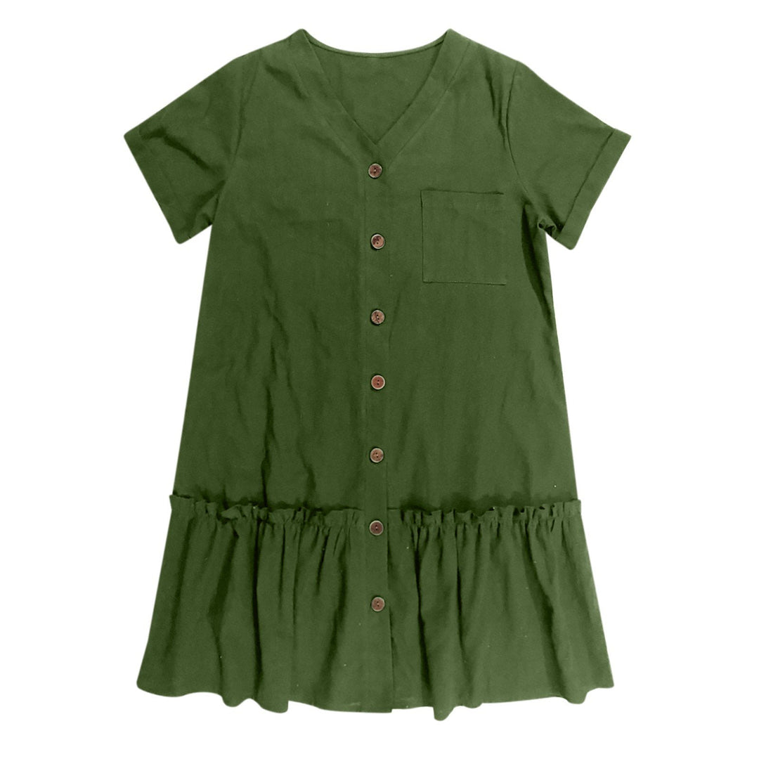 Abito corto donna in lino e cotone, estivo, fresco, con volant, chic e con bottoni.