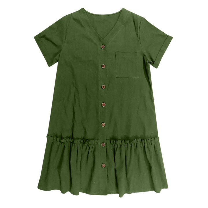 Abito corto donna in lino e cotone, estivo, fresco, con volant, chic e con bottoni.