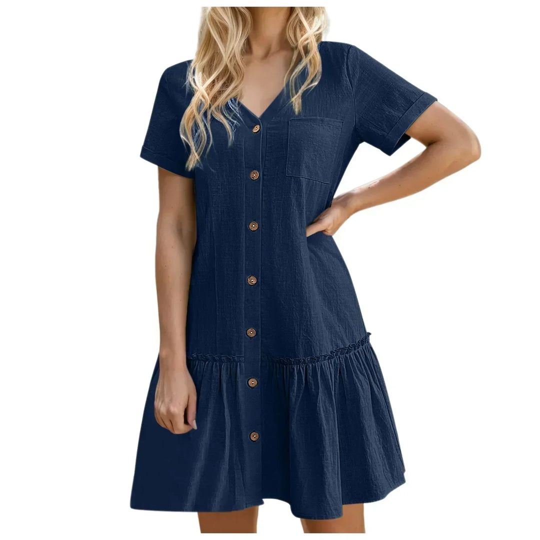 Abito donna estivo, fresco e versatile, in cotone lino, con bottoni, per look casual.
