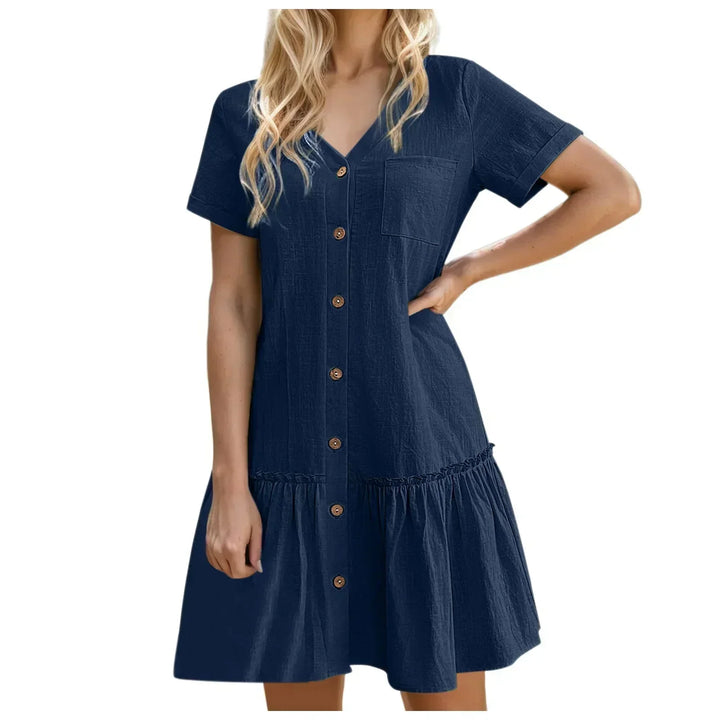 Abito donna estivo, fresco e versatile, in cotone lino, con bottoni, per look casual.