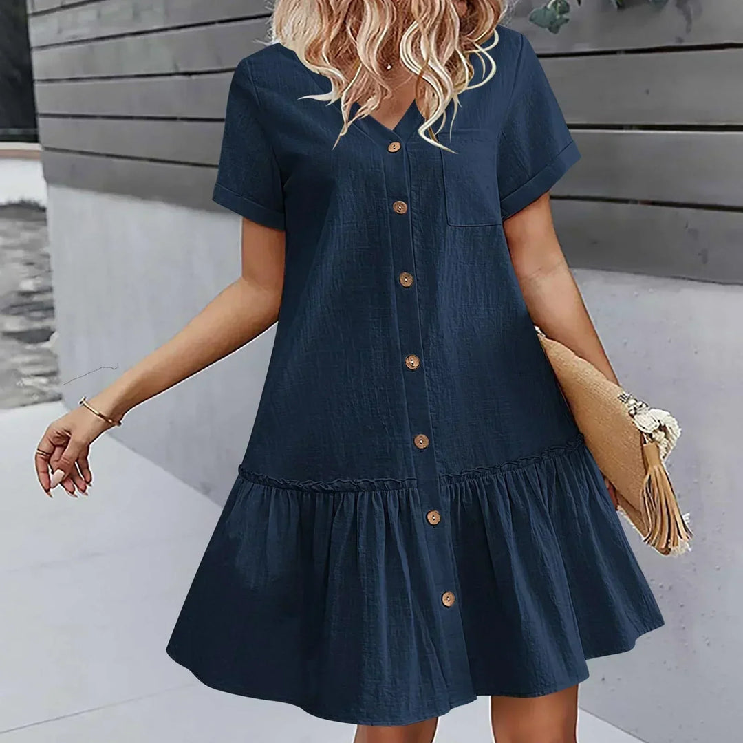 Vestito estivo donna in lino e cotone, fresco, con bottoni e volant, per un look elegante.