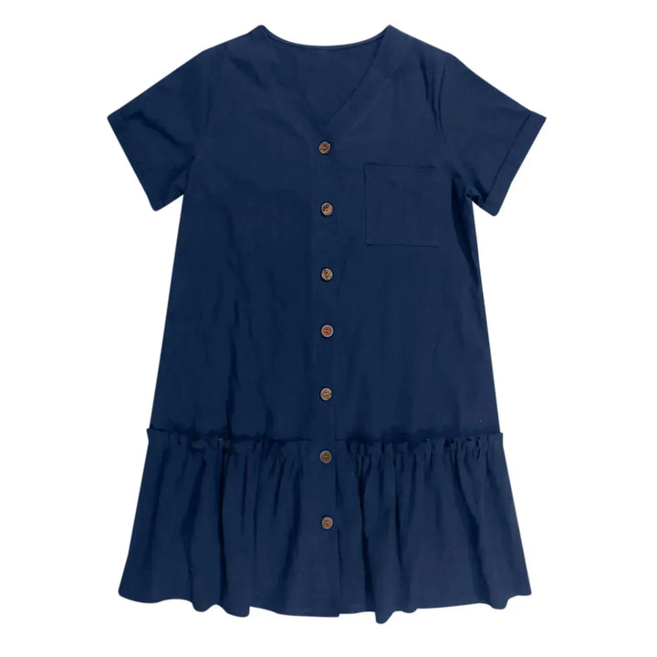 Abito corto estivo donna in cotone lino, fresco, con bottoni, ideale per le giornate calde.