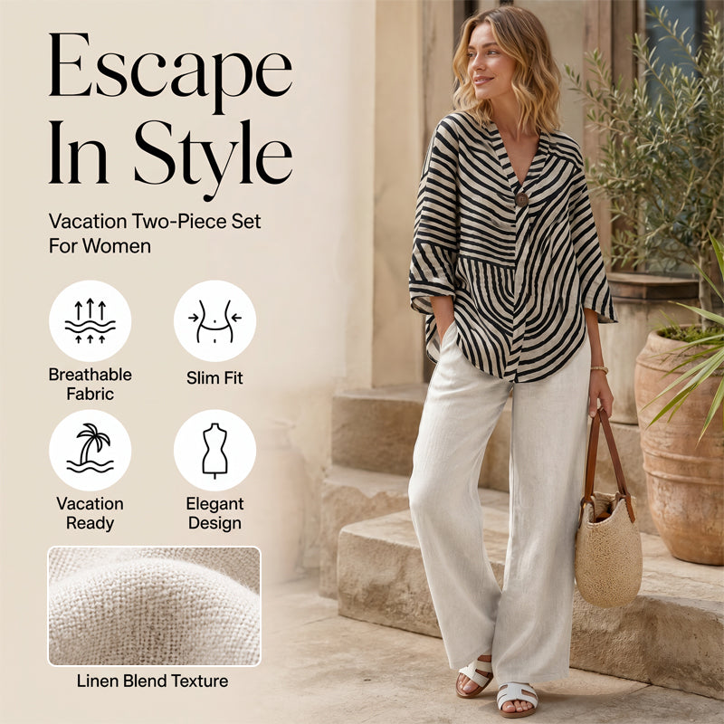 Completo donna moderno a righe con pantaloni larghi. Perfetto per outfit vacanza, eventi estivi o look casual chic.