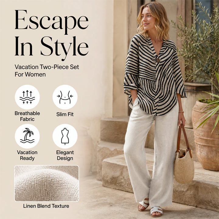 Completo donna moderno a righe con pantaloni larghi. Perfetto per outfit vacanza, eventi estivi o look casual chic.