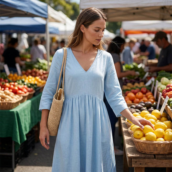 Abito lungo estivo da donna con scollo a V, fresco e alla moda, ideale per la spiaggia, eventi casual e primavera.