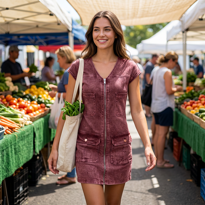 Abito corto casual da donna in tessuto leggero, con zip e tasche utility, per la stagione calda.