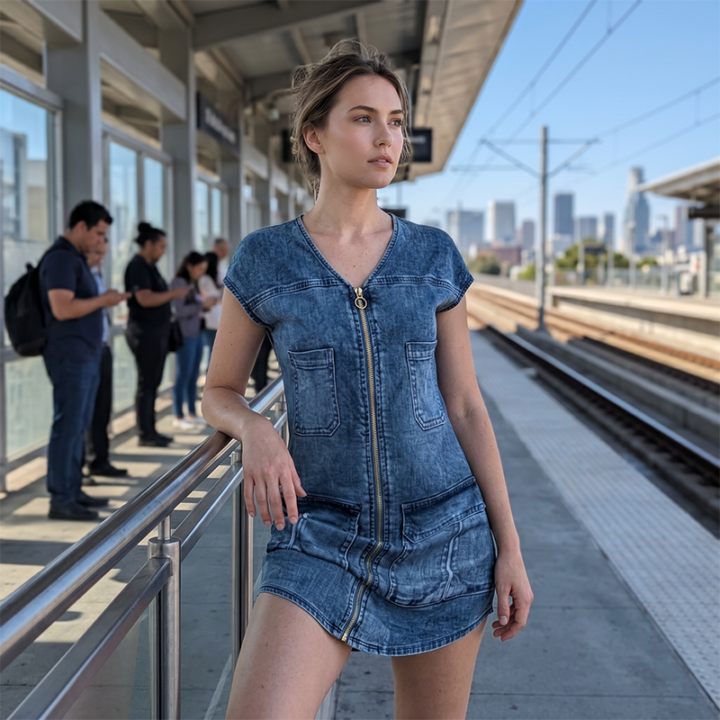 Vestito corto donna casual con comode tasche utility, perfetto per il comfort quotidiano.