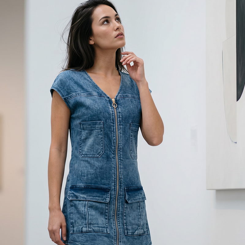Abito corto donna casual con zip e ampie tasche utility, un capo versatile per la primavera.