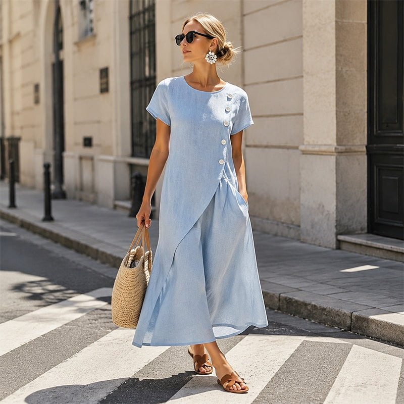 Abito midi estivo da donna in cotone e lino, con bottoni asimmetrici. Perfetto per un look casual-elegante.