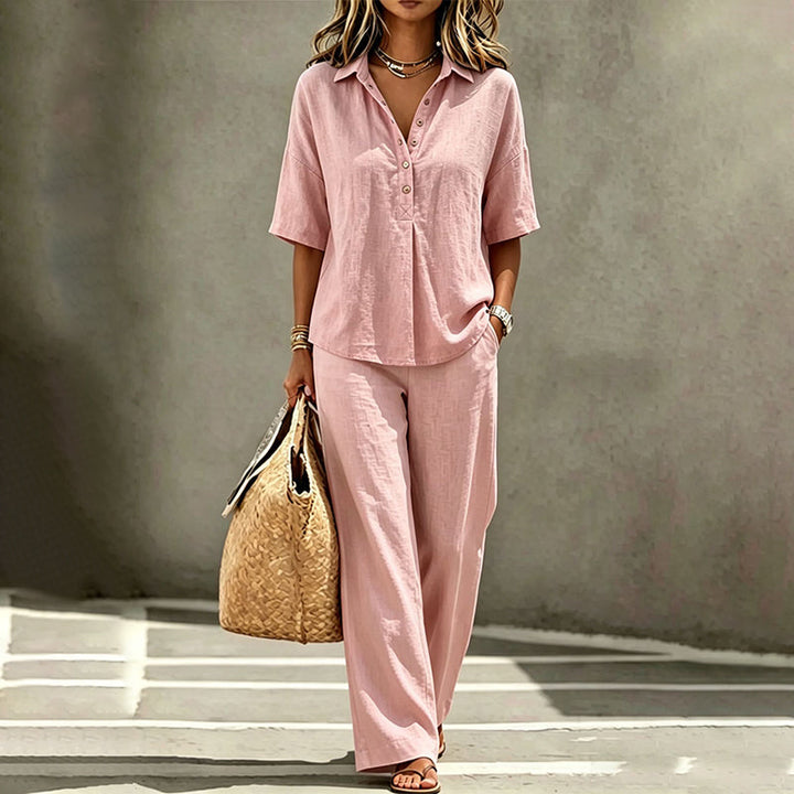 Completo due pezzi fluido donna, blusa e pantaloni larghi, per un comfort casual ed elegante. Ideale primavera estate.