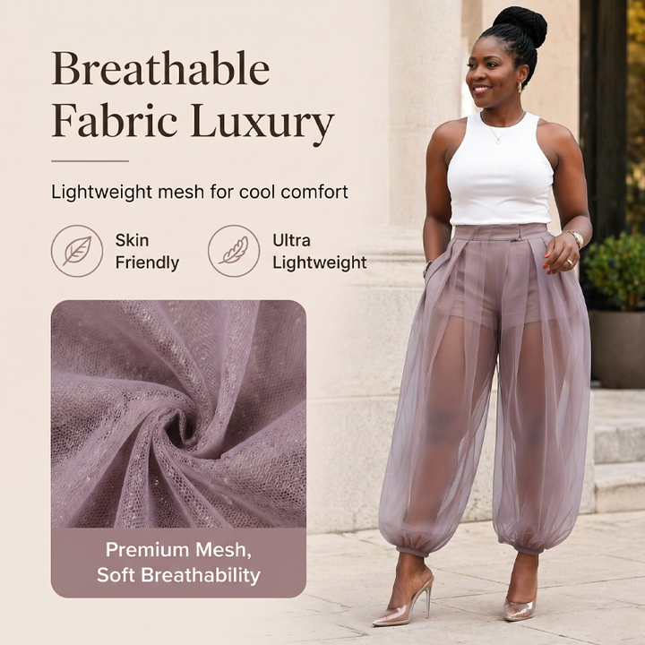 Moda femminile: pantaloni donna ampi in rete trasparente con short nero integrato, perfetti per serate estive.