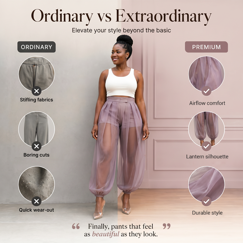 Pantaloni donna estivi in rete trasparente con short integrato per un look festival o casual. Vita alta e ampi.