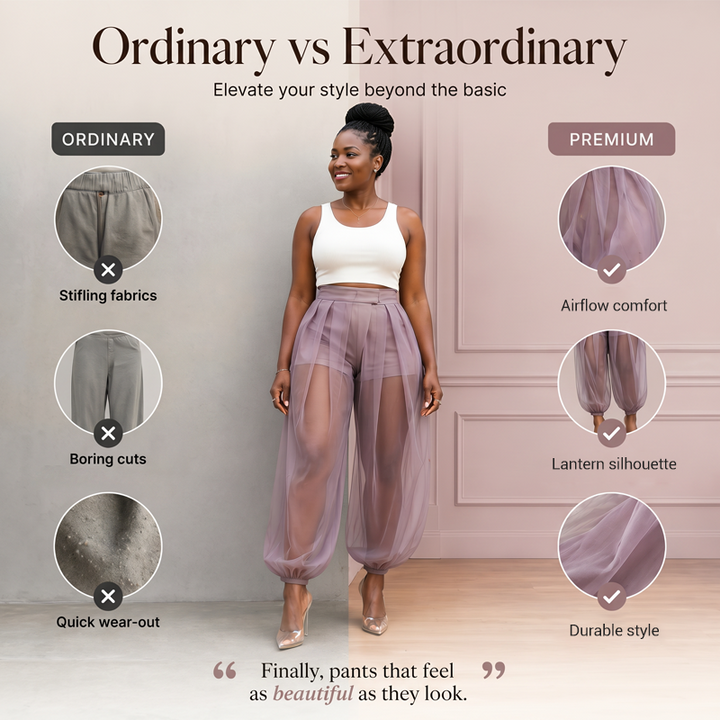 Pantaloni donna estivi in rete trasparente con short integrato per un look festival o casual. Vita alta e ampi.