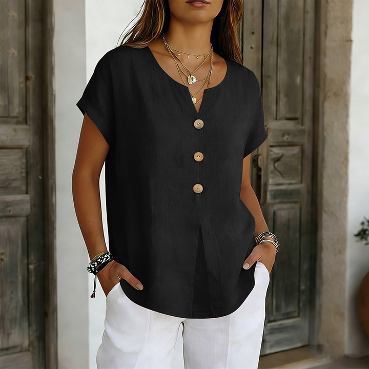 Top estivo donna con scollo a V profondo e bottoni, t-shirt a manica corta per uno stile elegante e casual.