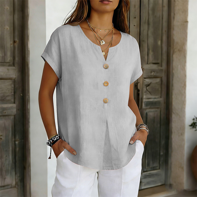 T-shirt donna scollo a V con bottoni, manica corta, abbigliamento versatile estivo per un tocco elegante e chic.