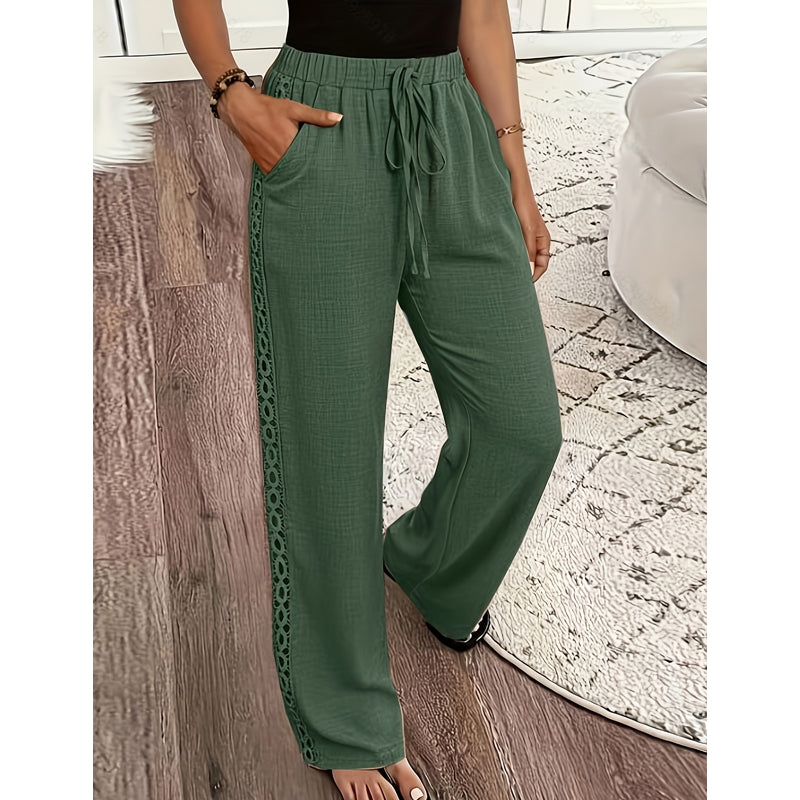 Pantaloni ampi donna bohemien per l'estate, con pizzo, vita regolabile. Perfetti per spiaggia e vacanze casual.