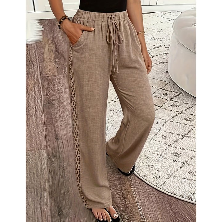 Pantaloni bohemien donna con pizzo laterale, vita regolabile elastica, comodi per estate e spiaggia.