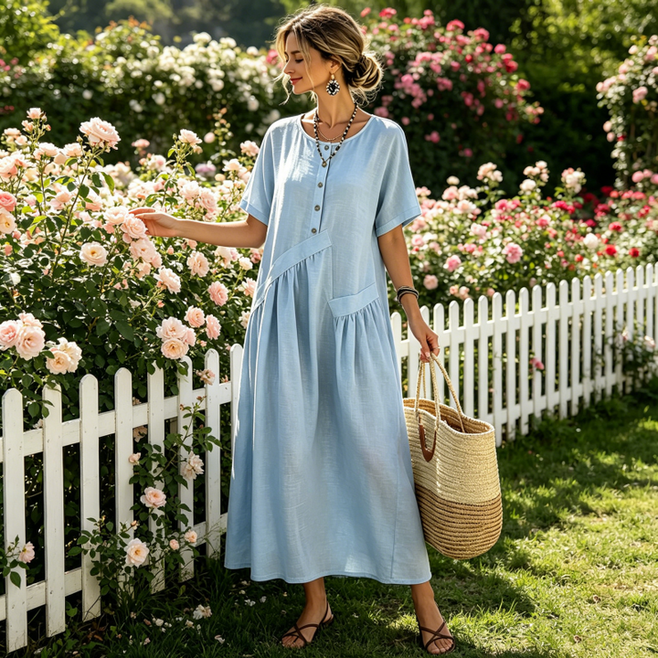 Abito maxi estivo da donna, ideale per vacanze e giornate in spiaggia, stile fluido e confortevole.