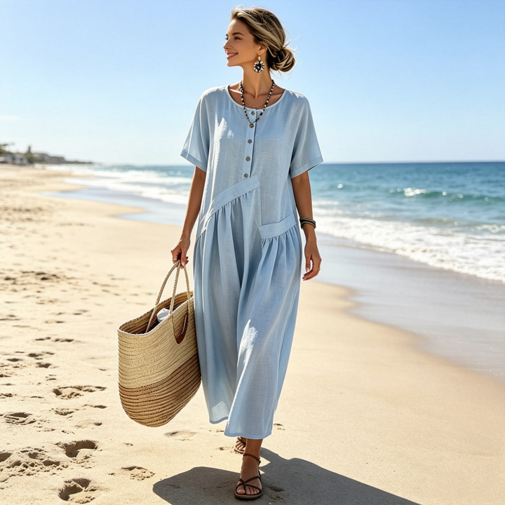 Abito maxi fluido ed elegante da donna, con bottoni, perfetto per il comfort estivo e lo stile.