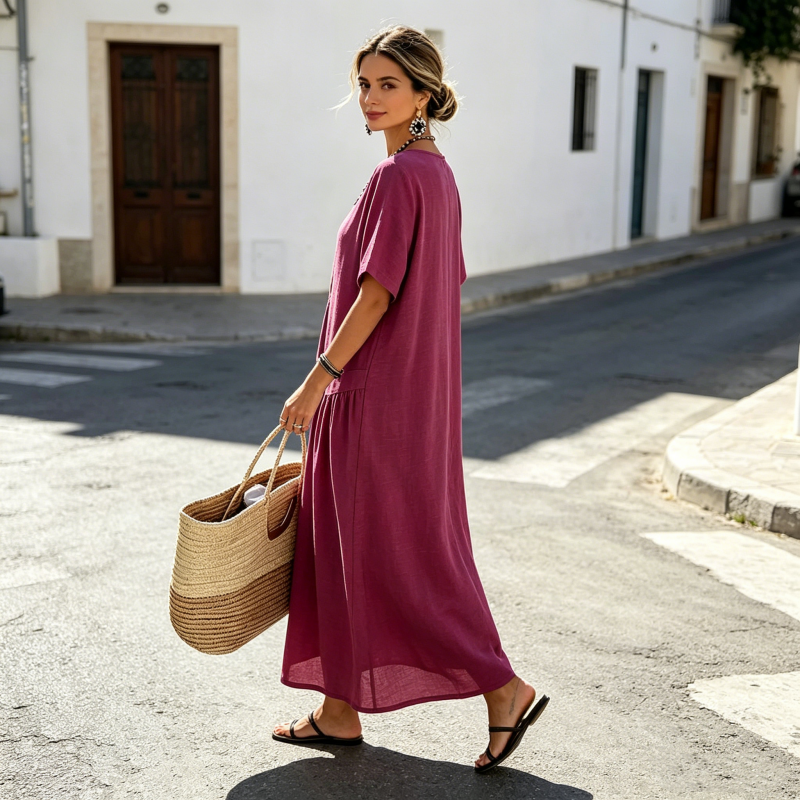 Abito maxi estivo da donna elegante e versatile, con bottoni, per un look chic da vacanza o spiaggia.