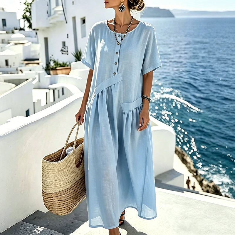 Abito maxi da donna elegante estivo con bottoni, ideale per vacanze e serate.