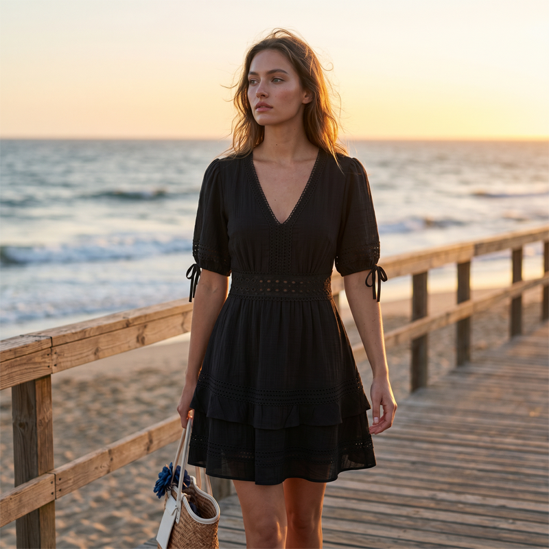 Abito corto donna elegante estivo con scollo a V, pizzo e volant. Outfit raffinato e alla moda.