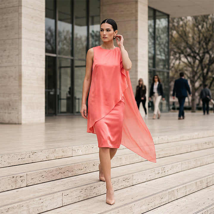 Abito donna asimmetrico estivo, elegante e versatile, senza maniche, ideale per giorno e sera.