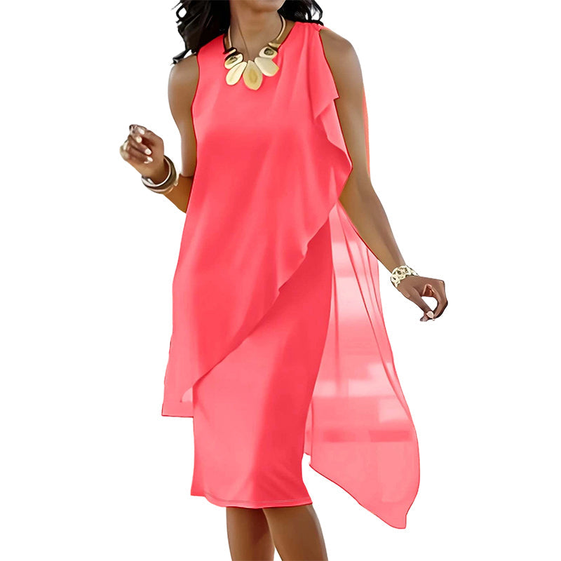 Vestito estivo donna senza maniche, taglio asimmetrico, confortevole e di moda, con drappeggio.