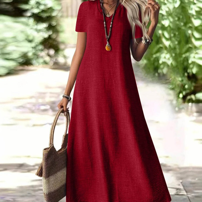 Abito lungo donna scollo a V, tasche. Styling estivo casual ed elegante, vestito maxi per il giorno o la sera.