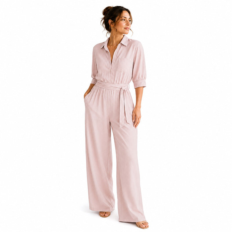 Completo tuta donna elegante casual chic, pantaloni ampi e cintura. Perfetto per primavera estate.