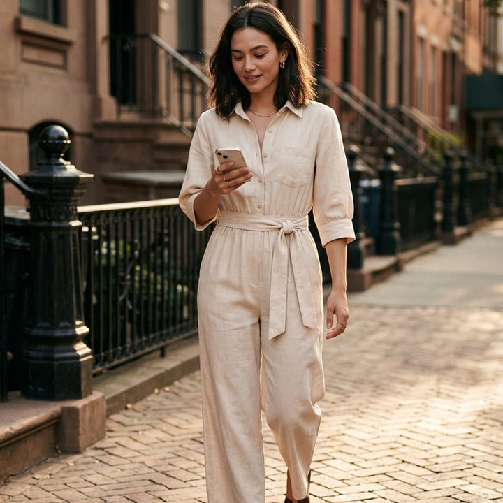 Tuta primaverile estiva donna elegante. Pantaloni larghi e cintura fluttuante creano un look arioso e chic.