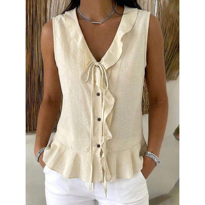 Moda estiva: top donna fresco con dettagli volant e scollo a V, per un tocco di eleganza casual.