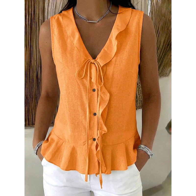 Abbigliamento donna: top elegante con volant che incorniciano lo scollo a V, un must-have per l'estate.