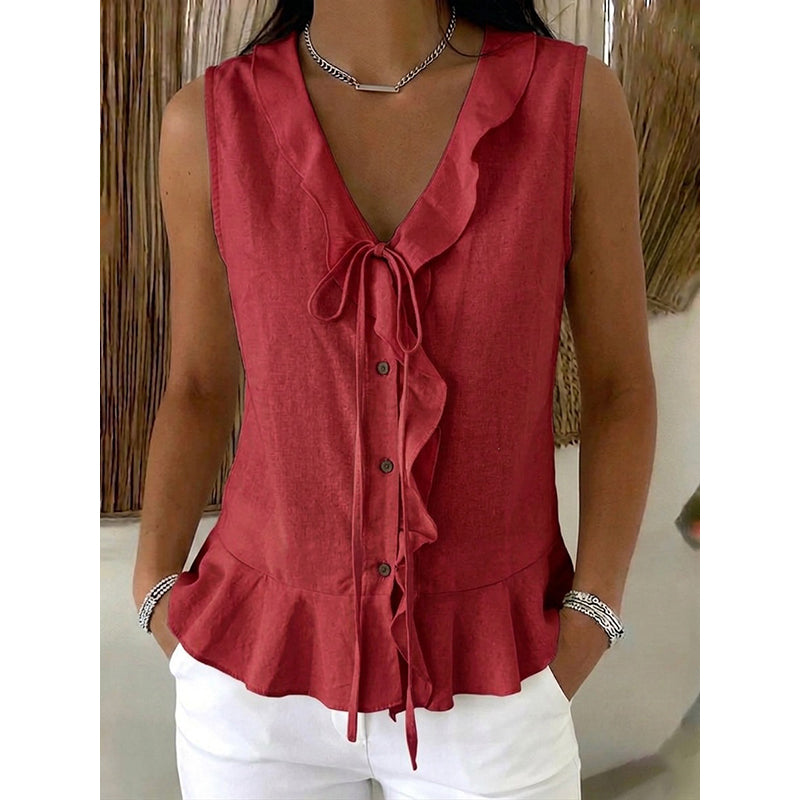 Top donna senza maniche con raffinati volant e scollo a V, ideale per un look fresco e chic.