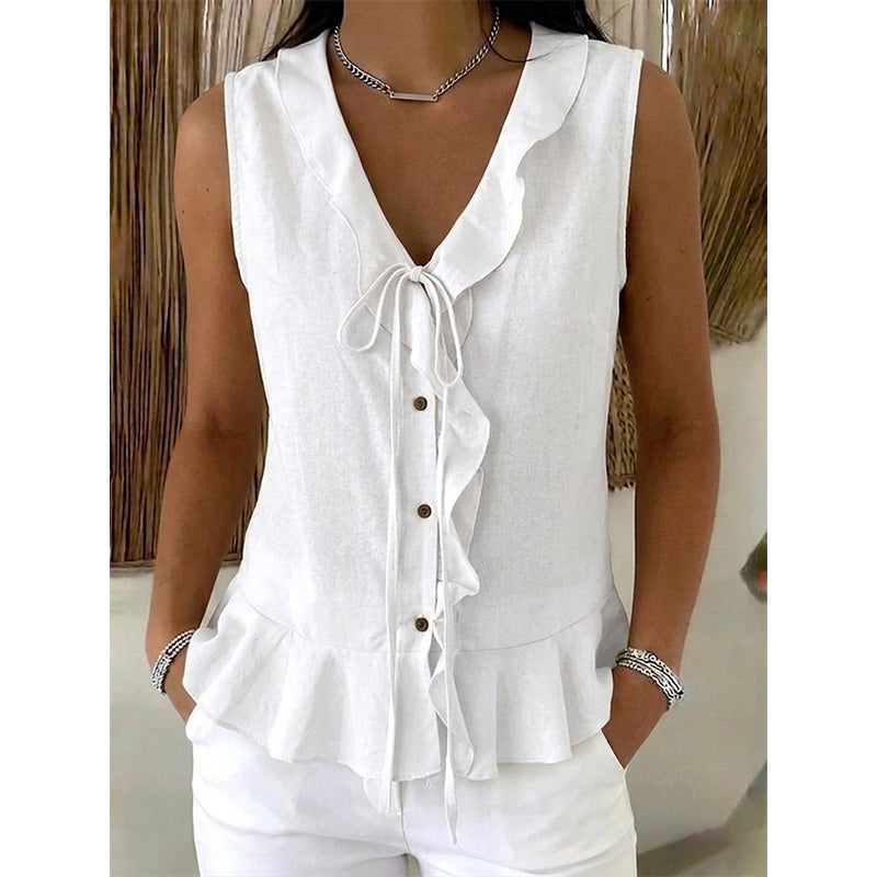 Top donna estivo, un capo essenziale per l'abbigliamento casual, con volant e scollo a V per stile.