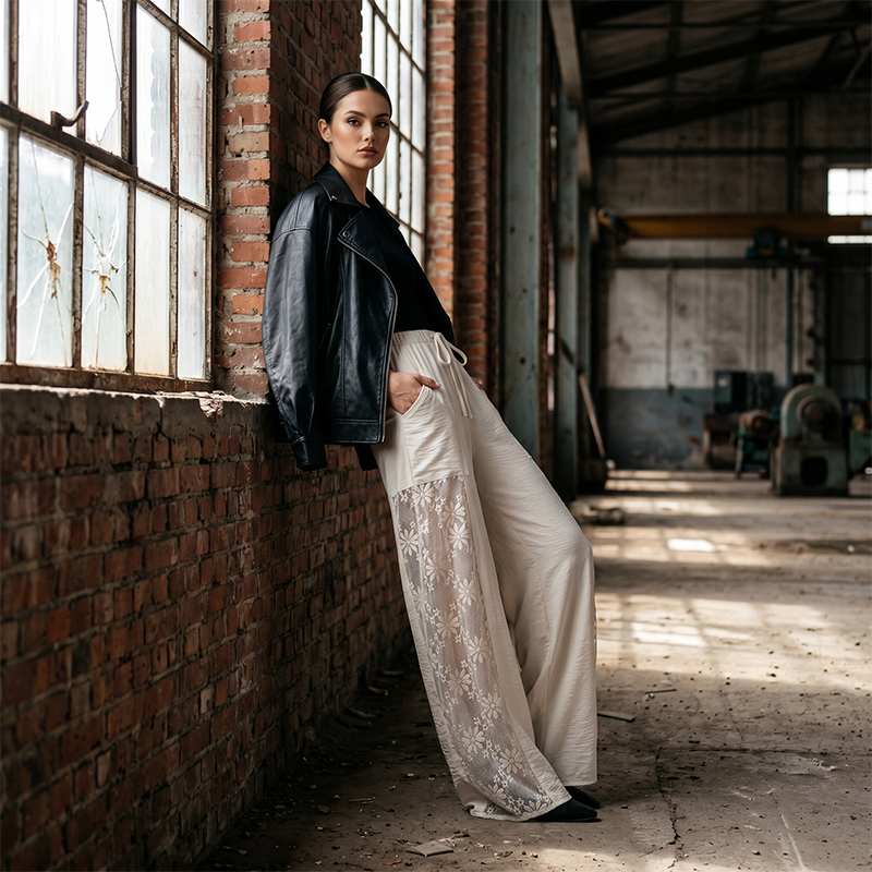 Pantaloni estivi donna in pizzo dal design fluido, comodi e versatili, con vita regolabile per ogni figura.
