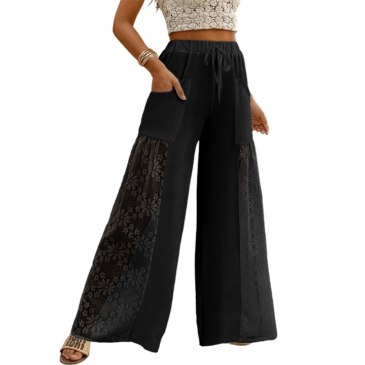 Pantaloni donna fluidi e leggeri in pizzo, con vita regolabile per un look estivo comodo, casual e chic.