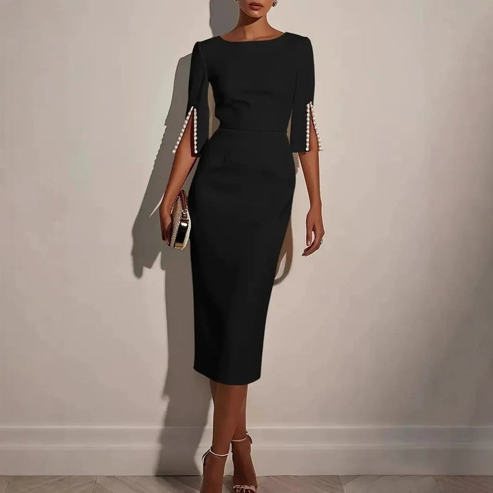 Vestito midi donna tubino, maniche spaccate, stile elegante e moderno per primavera ed estate.