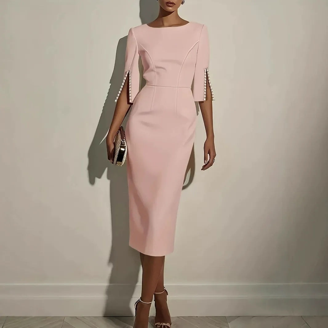 Abito elegante midi da donna, tubino aderente, con maniche spaccate, perfetto per occasioni formali.